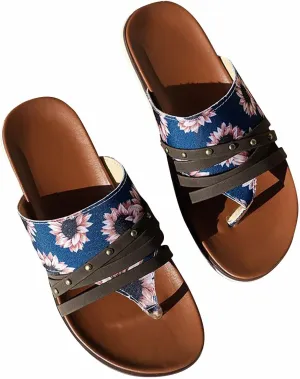 Women's Slip On Flat Sandals Summer Embroidered 2024 Fashion Open Toe Slide Sandals