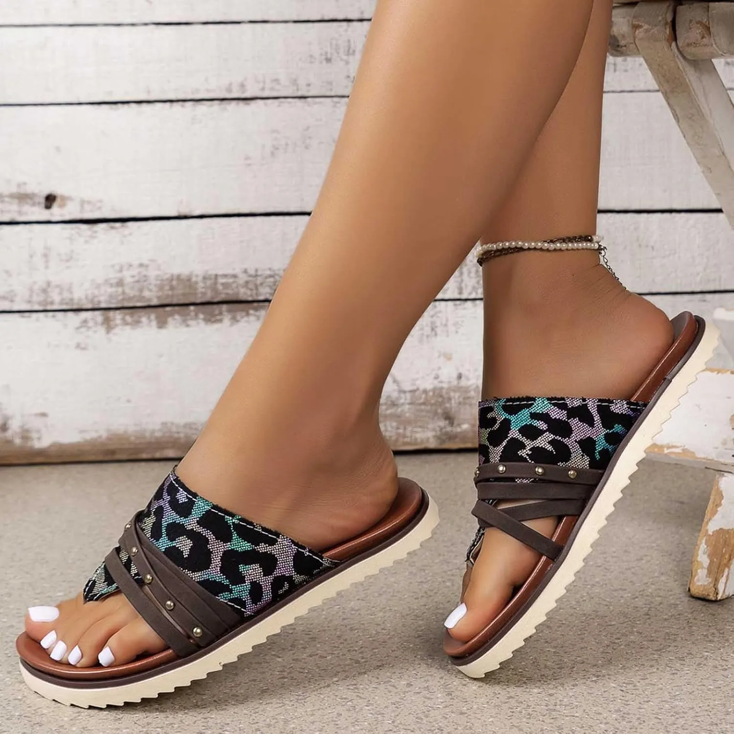 Women's Slip On Flat Sandals Summer Embroidered 2024 Fashion Open Toe Slide Sandals