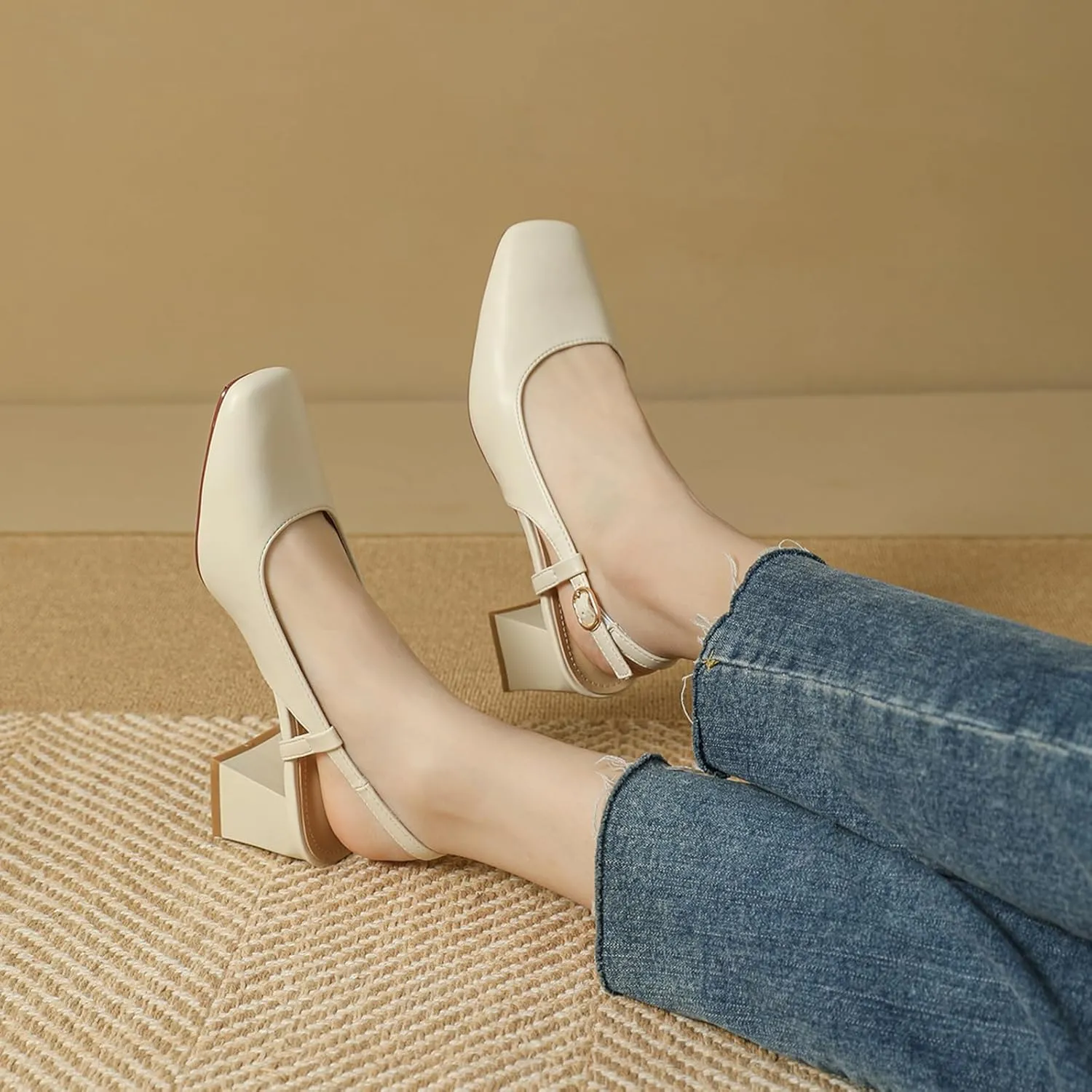 Women's Square Toe Leather Chunky Heel Slingback Formal Pumps Shoes,Comfortable Closed Toe Slip-On Adjustable Ankle Strap Block Heel Dress Shoes,for Wedding Party Dinner