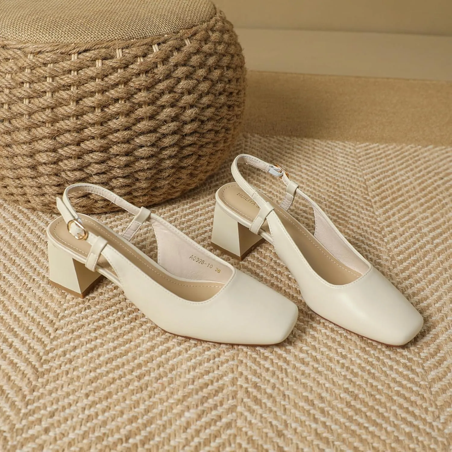 Women's Square Toe Leather Chunky Heel Slingback Formal Pumps Shoes,Comfortable Closed Toe Slip-On Adjustable Ankle Strap Block Heel Dress Shoes,for Wedding Party Dinner