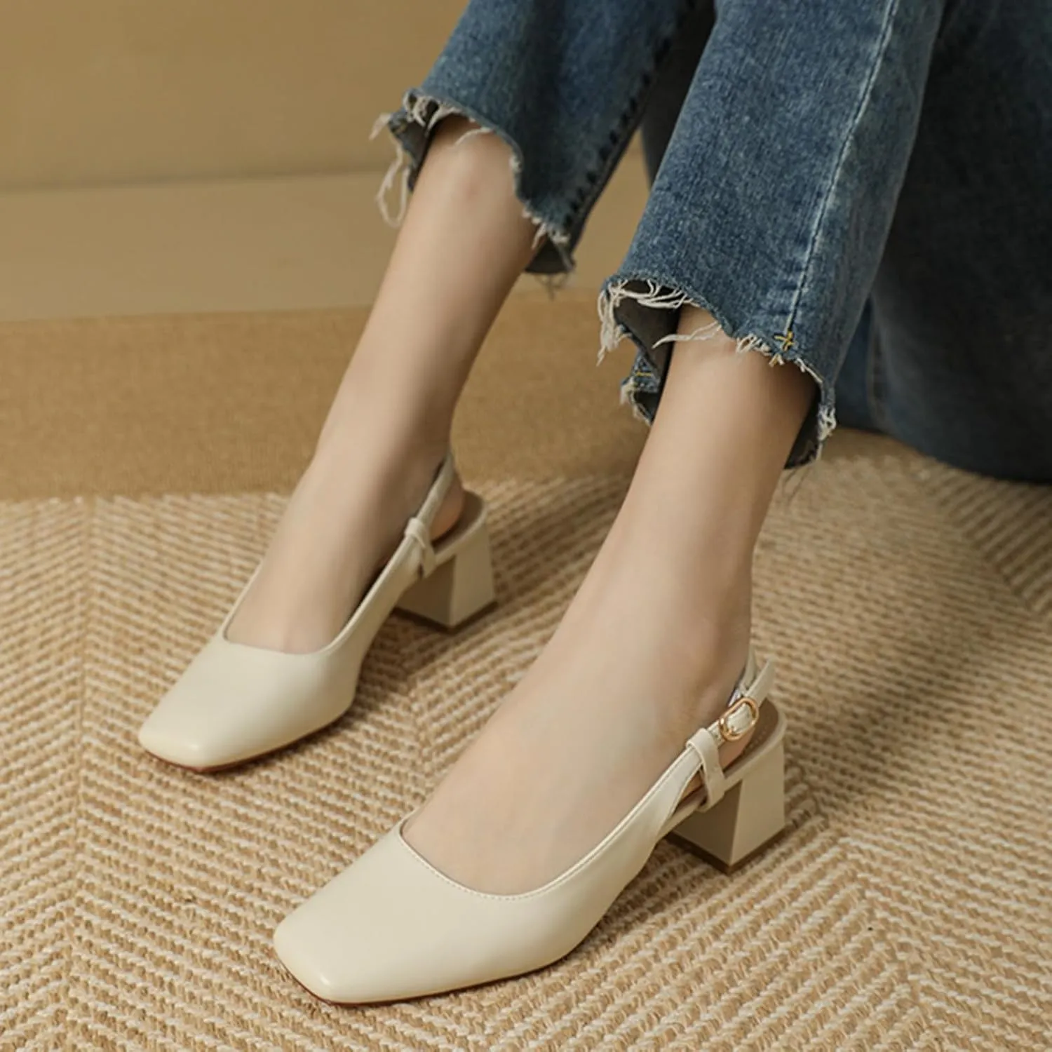 Women's Square Toe Leather Chunky Heel Slingback Formal Pumps Shoes,Comfortable Closed Toe Slip-On Adjustable Ankle Strap Block Heel Dress Shoes,for Wedding Party Dinner