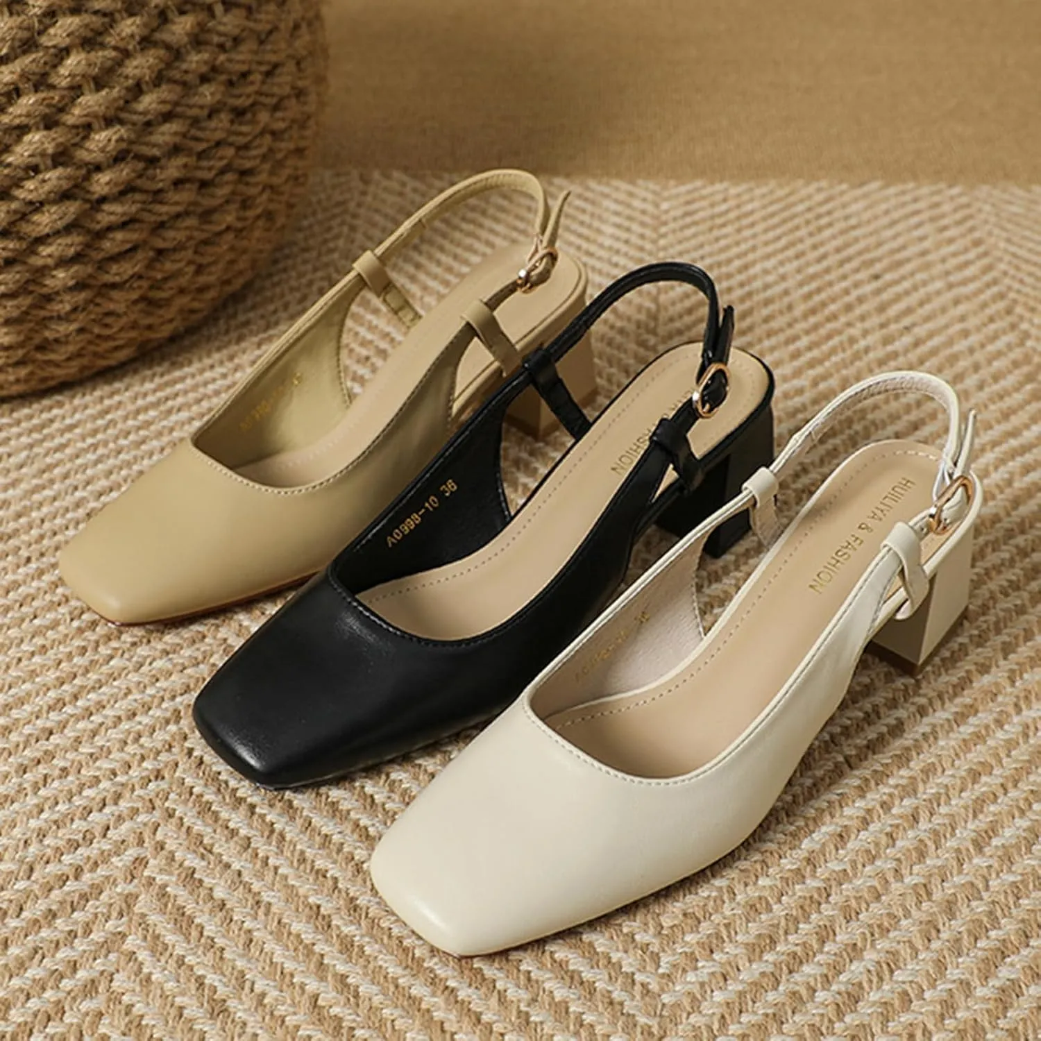 Women's Square Toe Leather Chunky Heel Slingback Formal Pumps Shoes,Comfortable Closed Toe Slip-On Adjustable Ankle Strap Block Heel Dress Shoes,for Wedding Party Dinner
