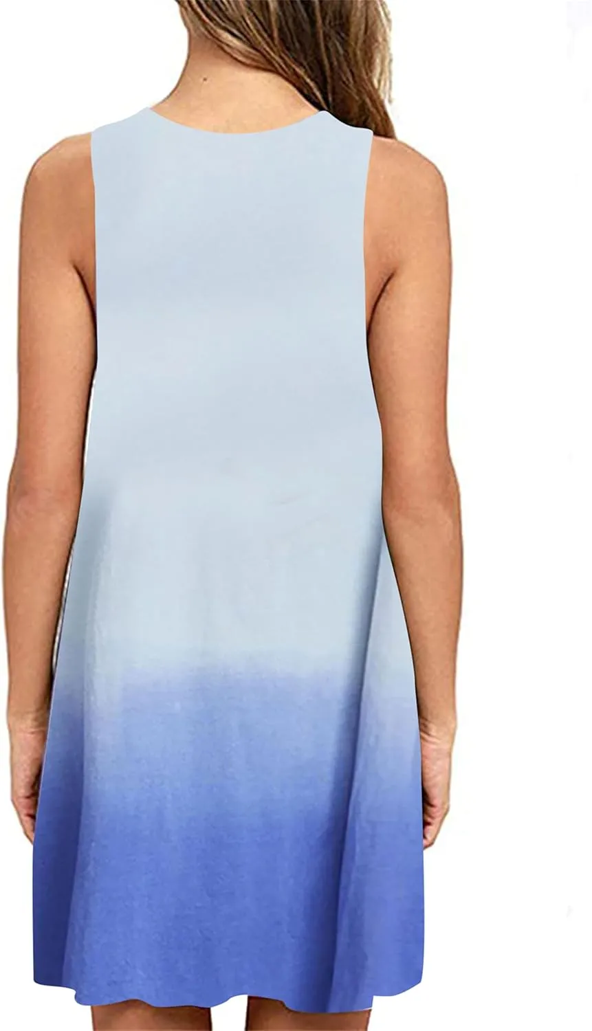 Womens Swing Fashion Gradient Tank Dresses Flowy Plus Size Dress Summer Sleeveless Dresses with Pockets