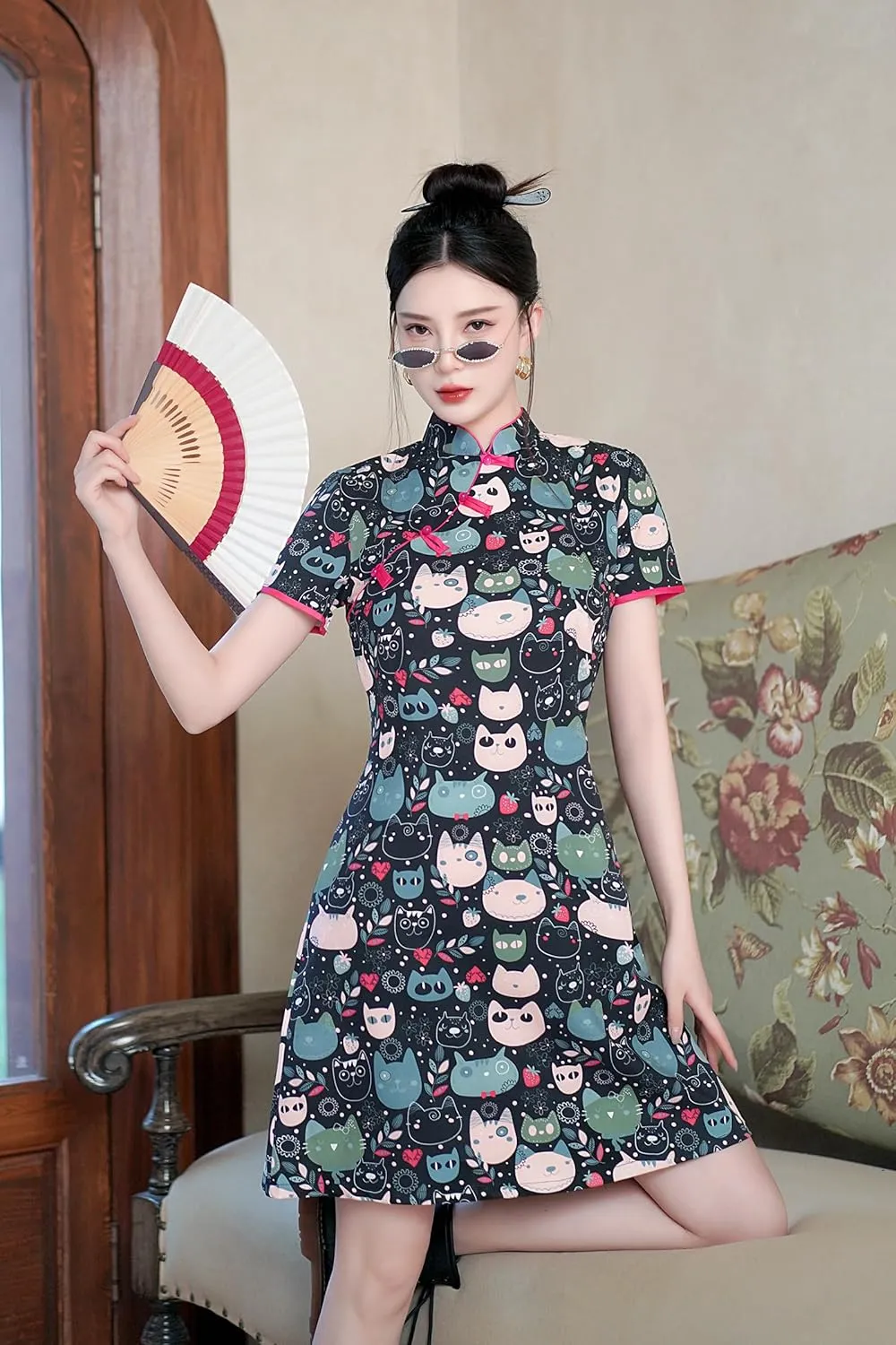 Women's Vintage Chinese Cheongsam Print Dress Short Sleeve Retro Side Slit Mini Loose Dress