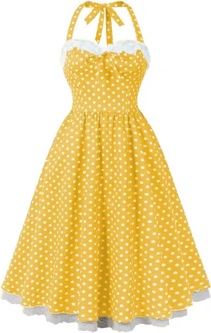 Women’s Vintage Polka Dot Rockabilly Dresses Sexy Halter Neck Retro 50s Cocktail Evening Party Lace Midi Dress