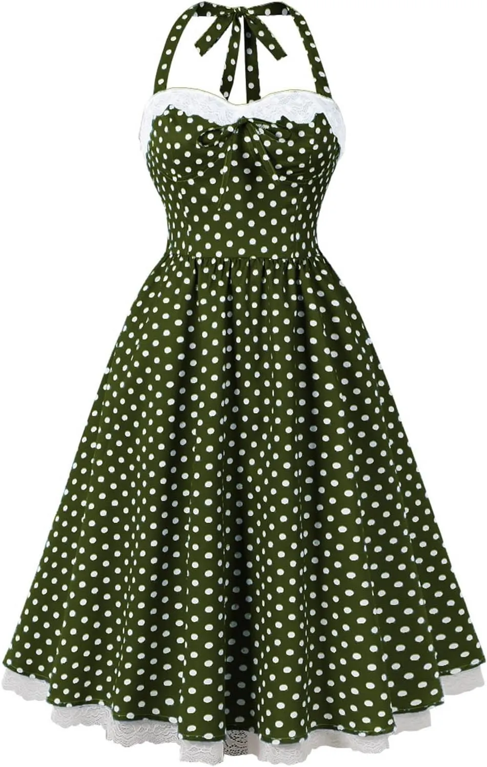 Women’s Vintage Polka Dot Rockabilly Dresses Sexy Halter Neck Retro 50s Cocktail Evening Party Lace Midi Dress