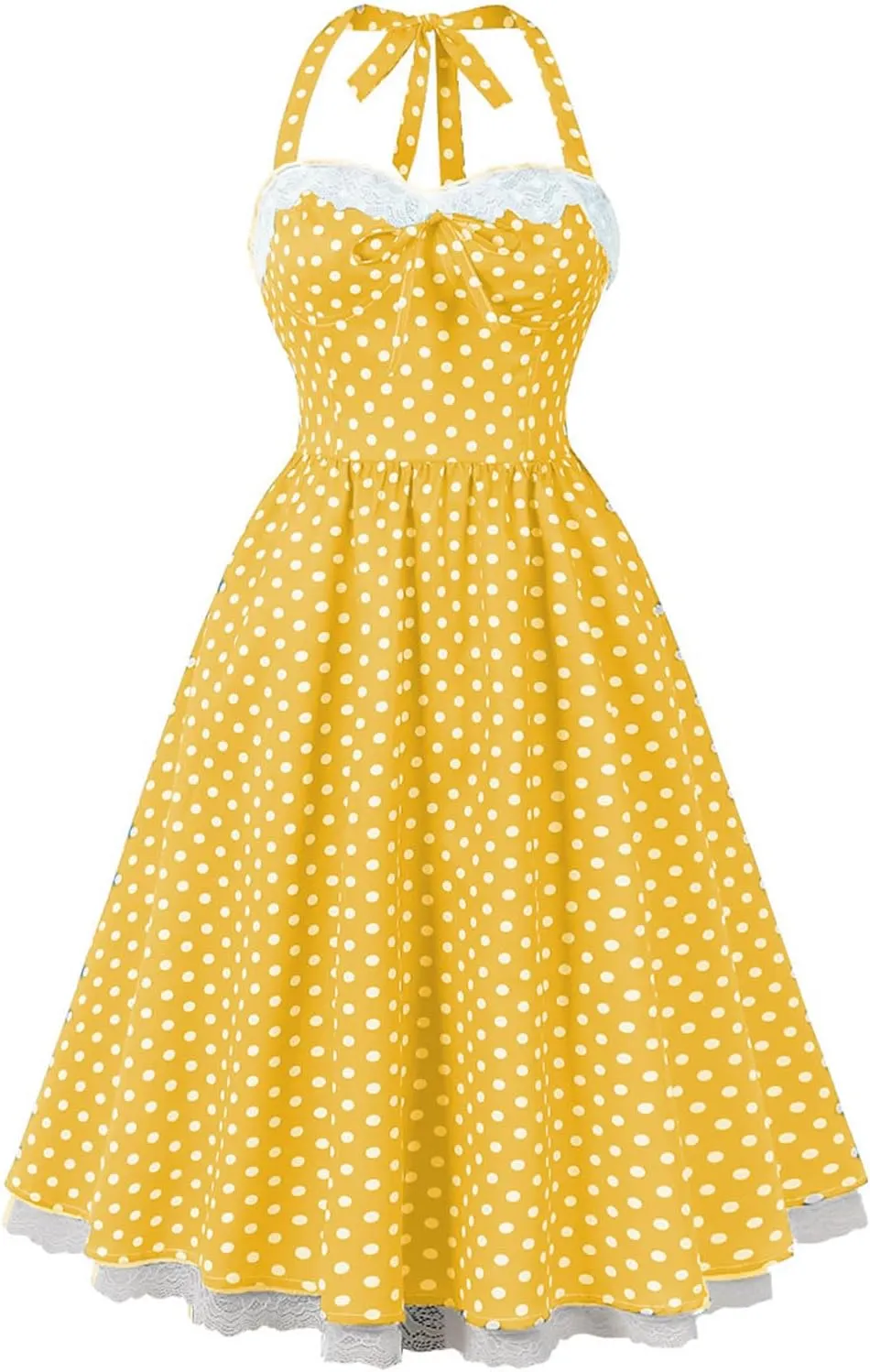 Women’s Vintage Polka Dot Rockabilly Dresses Sexy Halter Neck Retro 50s Cocktail Evening Party Lace Midi Dress