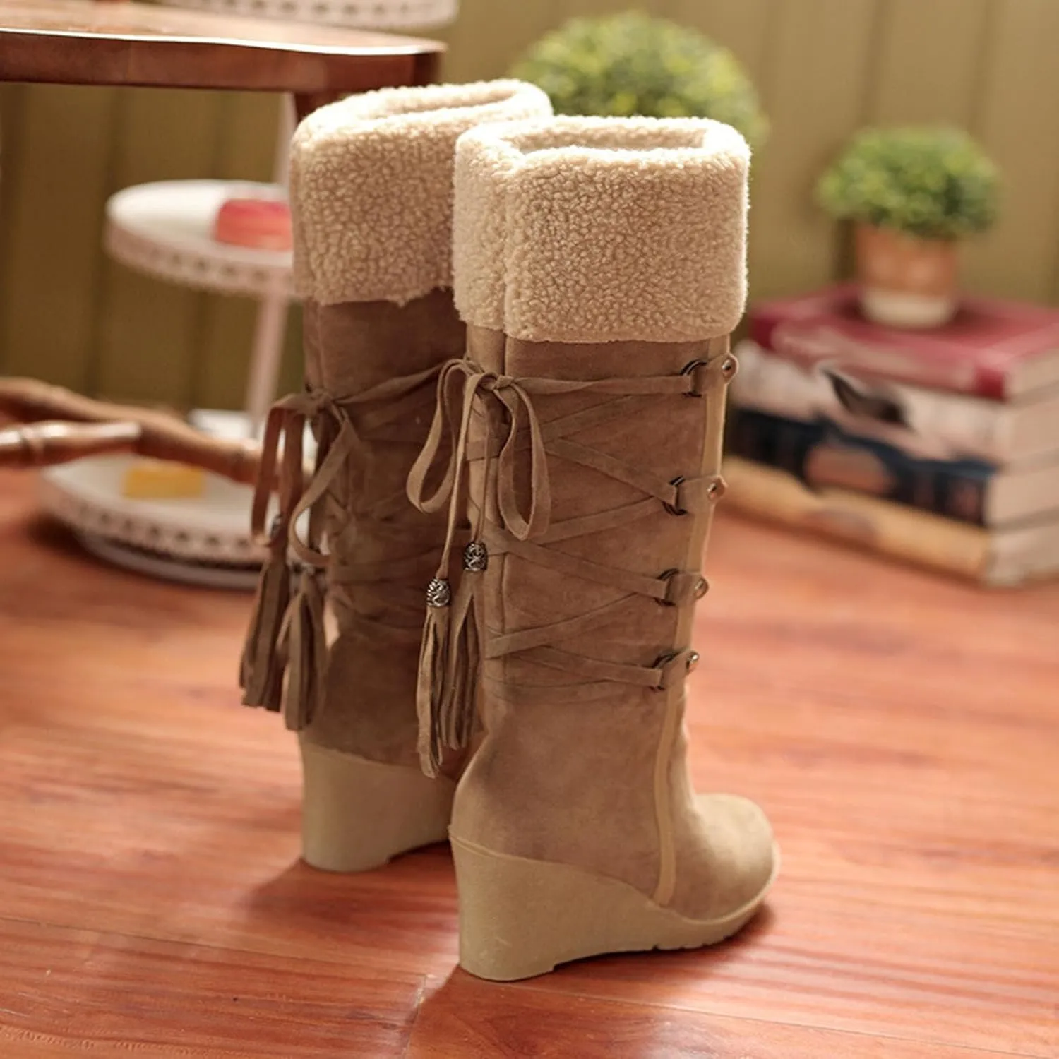 Women's Wedge Knee High Snow Boots, High Heels Lace Up Winter Shoes Vintage Leather Fleece Lined Straight Boots Raw Edges Metal Buckle Oversized Mid Calf Boots