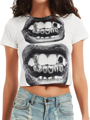 Women's Y2K Pattern T-Shirt, Baby Short Sleeved Punk Gothic T-Shirt, Retro Aesthetic Garbage top