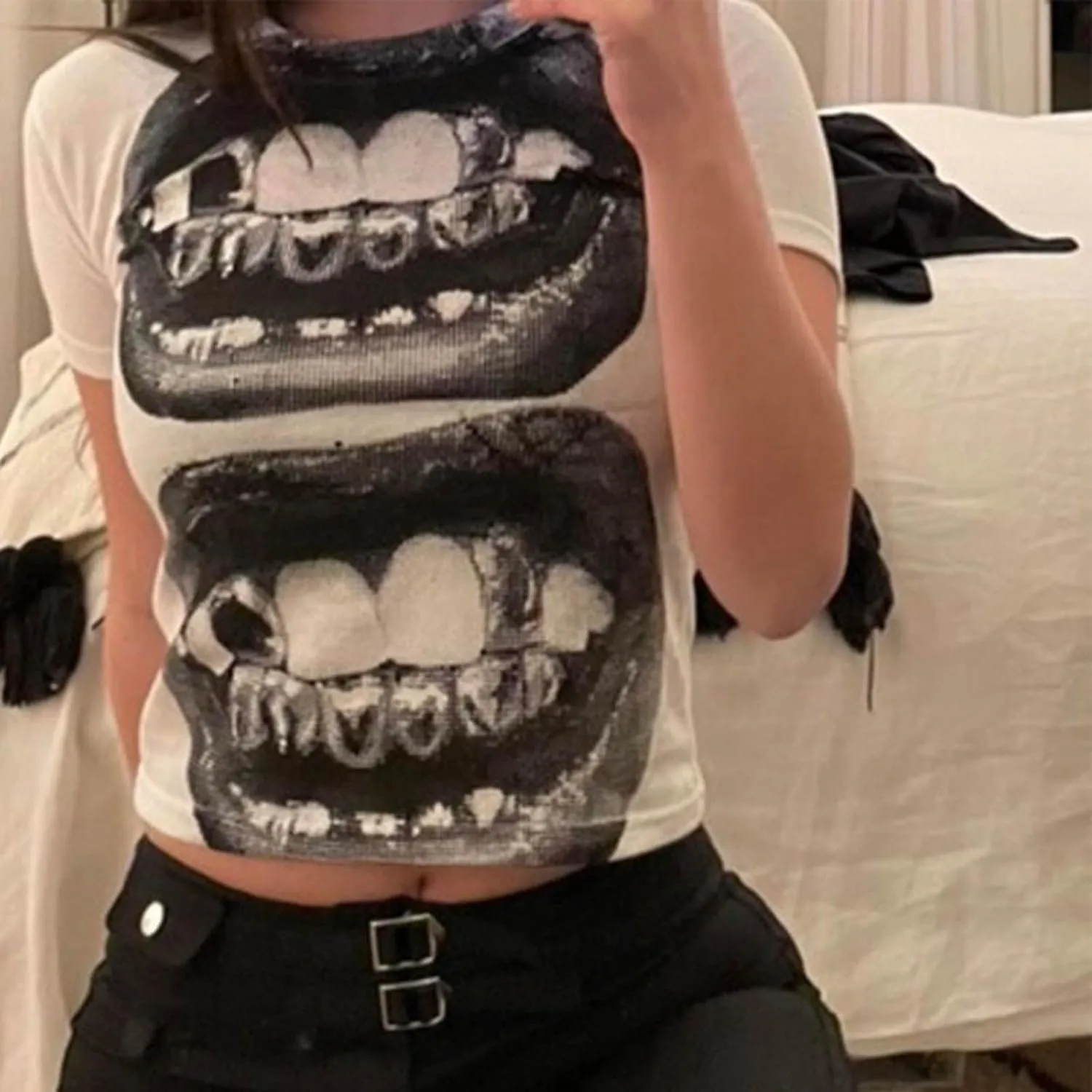 Women's Y2K Pattern T-Shirt, Baby Short Sleeved Punk Gothic T-Shirt, Retro Aesthetic Garbage top