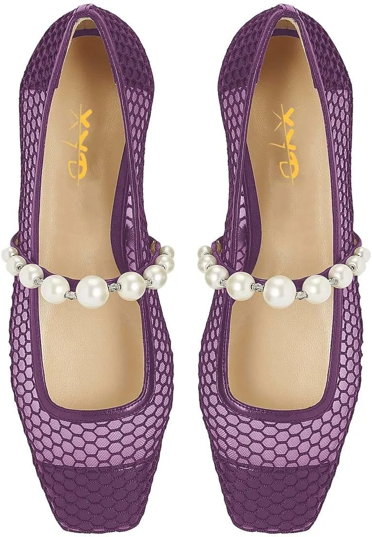 XYD Women Fashion Bead Strap Ballet Flats Square Toe Mary Jane Slip On Sandals Comfortable Walking Dress Shoes