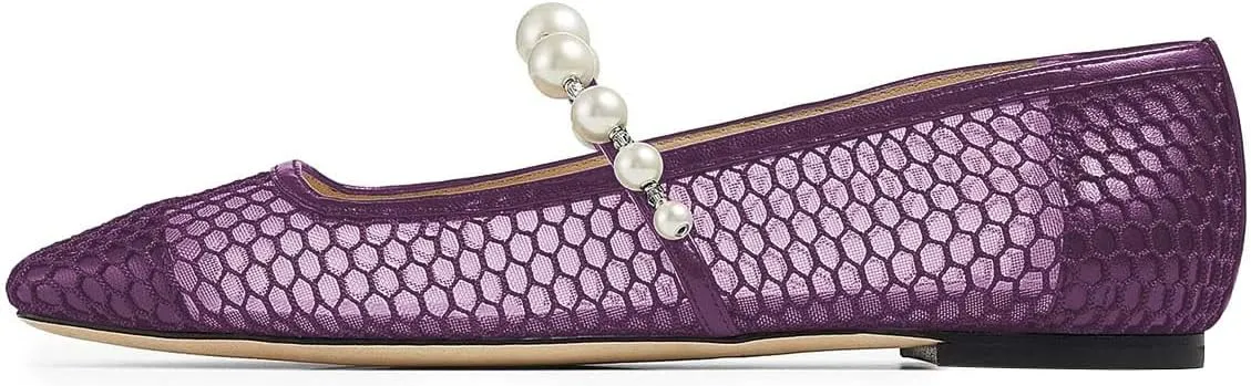 XYD Women Fashion Bead Strap Ballet Flats Square Toe Mary Jane Slip On Sandals Comfortable Walking Dress Shoes