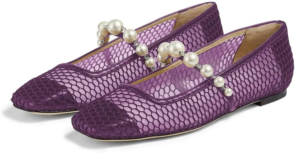 XYD Women Fashion Bead Strap Ballet Flats Square Toe Mary Jane Slip On Sandals Comfortable Walking Dress Shoes