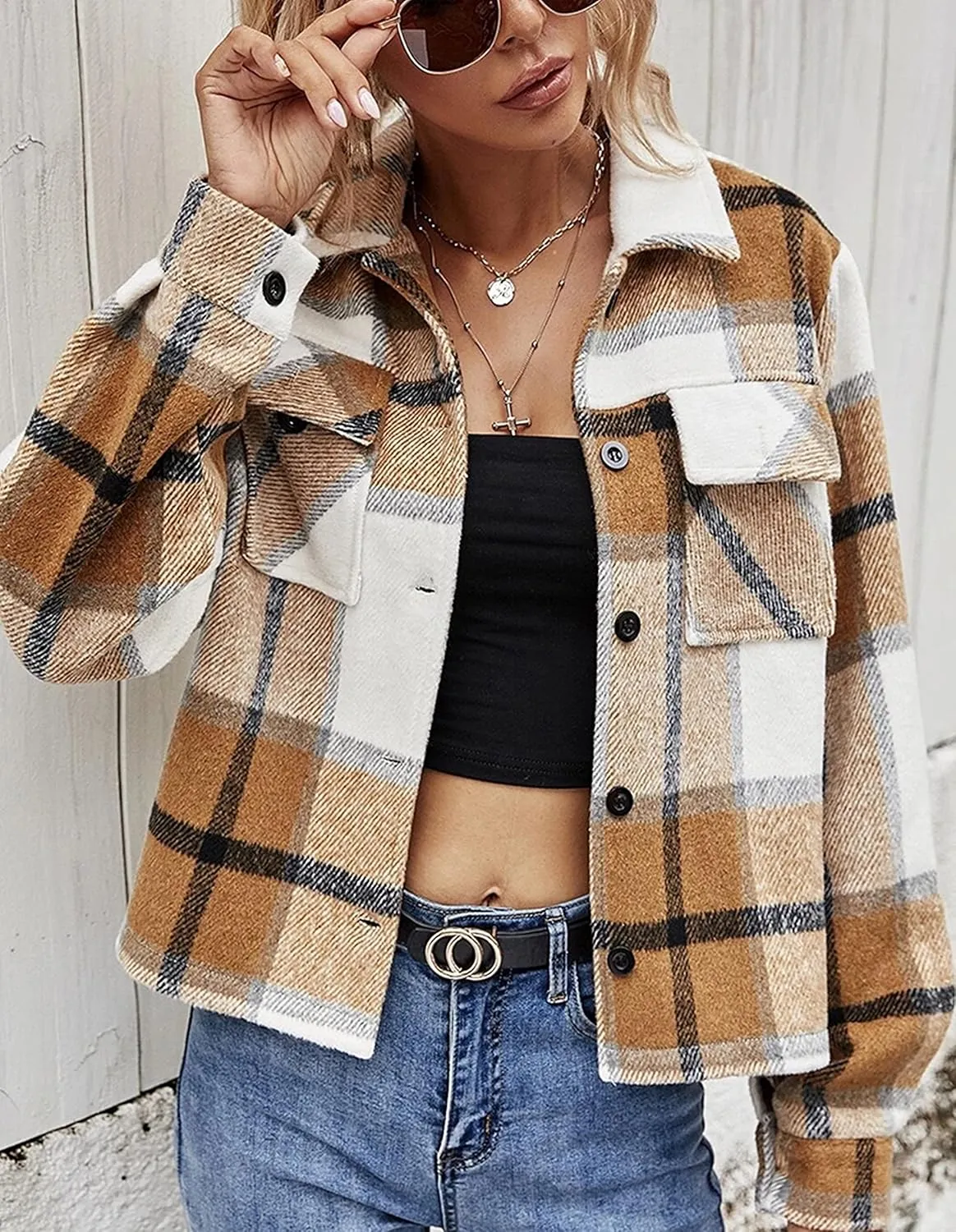 Yeokou Women's Fashion Cropped Flannel Shirt Plaid Shacket Long Sleeve Button Down Jackets Coat