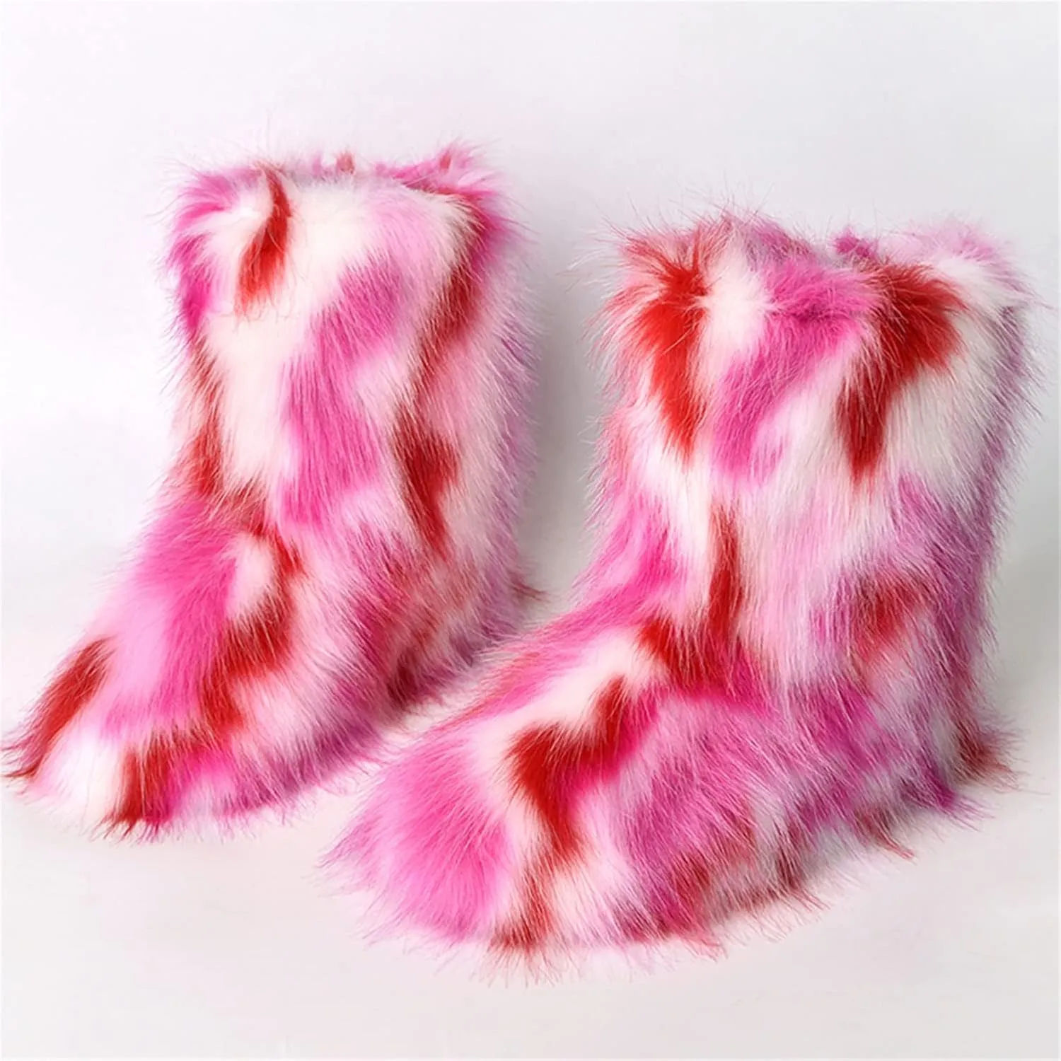 YESBOR Women's Winter Faux Fur Snow Boots Warm Fuzzy Fluffy Bucket Hat Rainbow Fisherman Cap