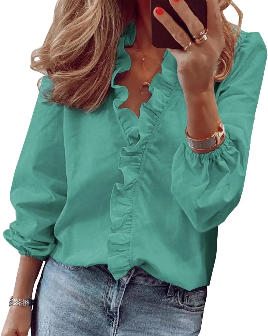 ZOCANIA Ruffled Tops for Women V Neck Ruffle Blouse Long Sleeve Ruffle Shirt Comfort Plus Size Long Sleeve Shirts for Women