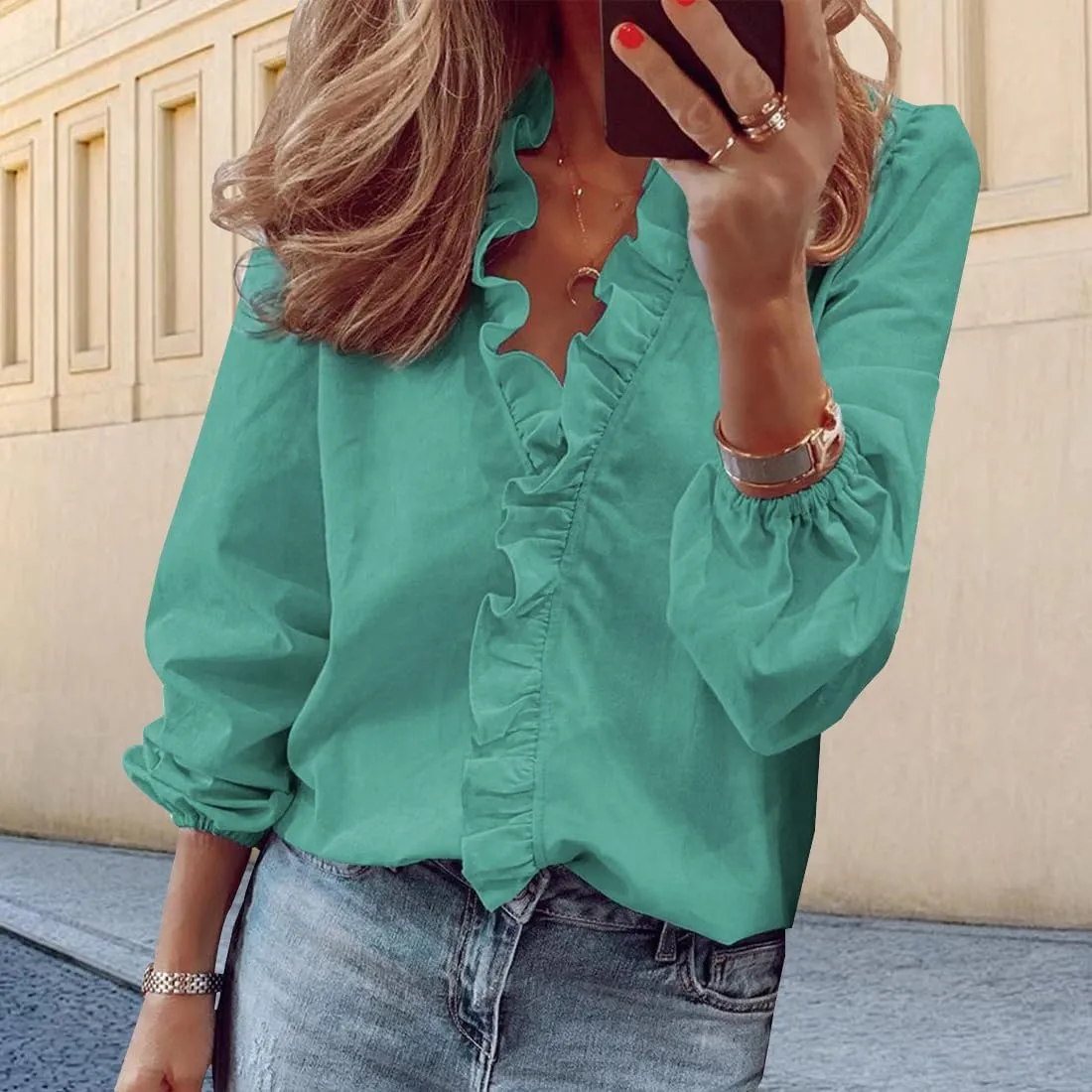 ZOCANIA Ruffled Tops for Women V Neck Ruffle Blouse Long Sleeve Ruffle Shirt Comfort Plus Size Long Sleeve Shirts for Women