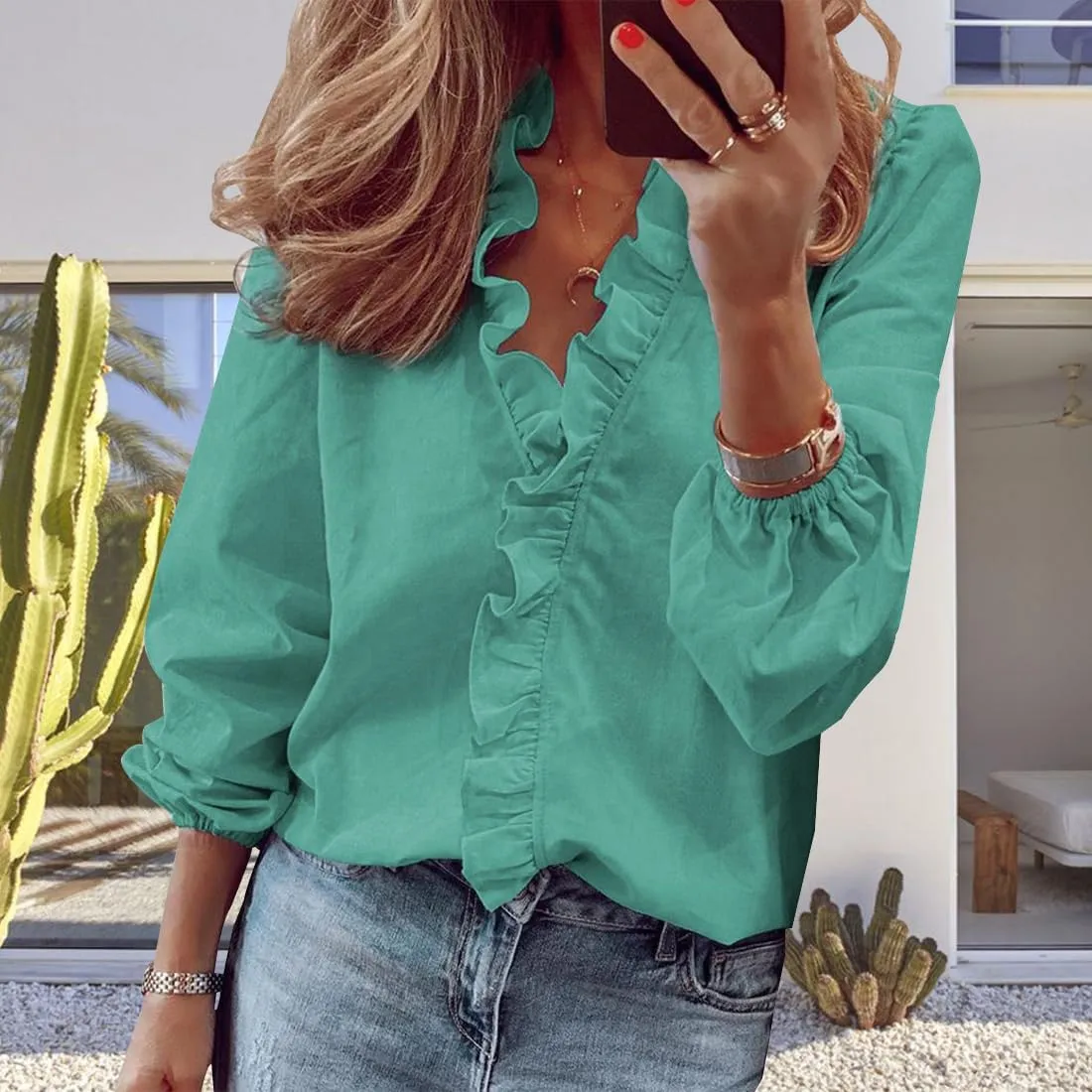 ZOCANIA Ruffled Tops for Women V Neck Ruffle Blouse Long Sleeve Ruffle Shirt Comfort Plus Size Long Sleeve Shirts for Women