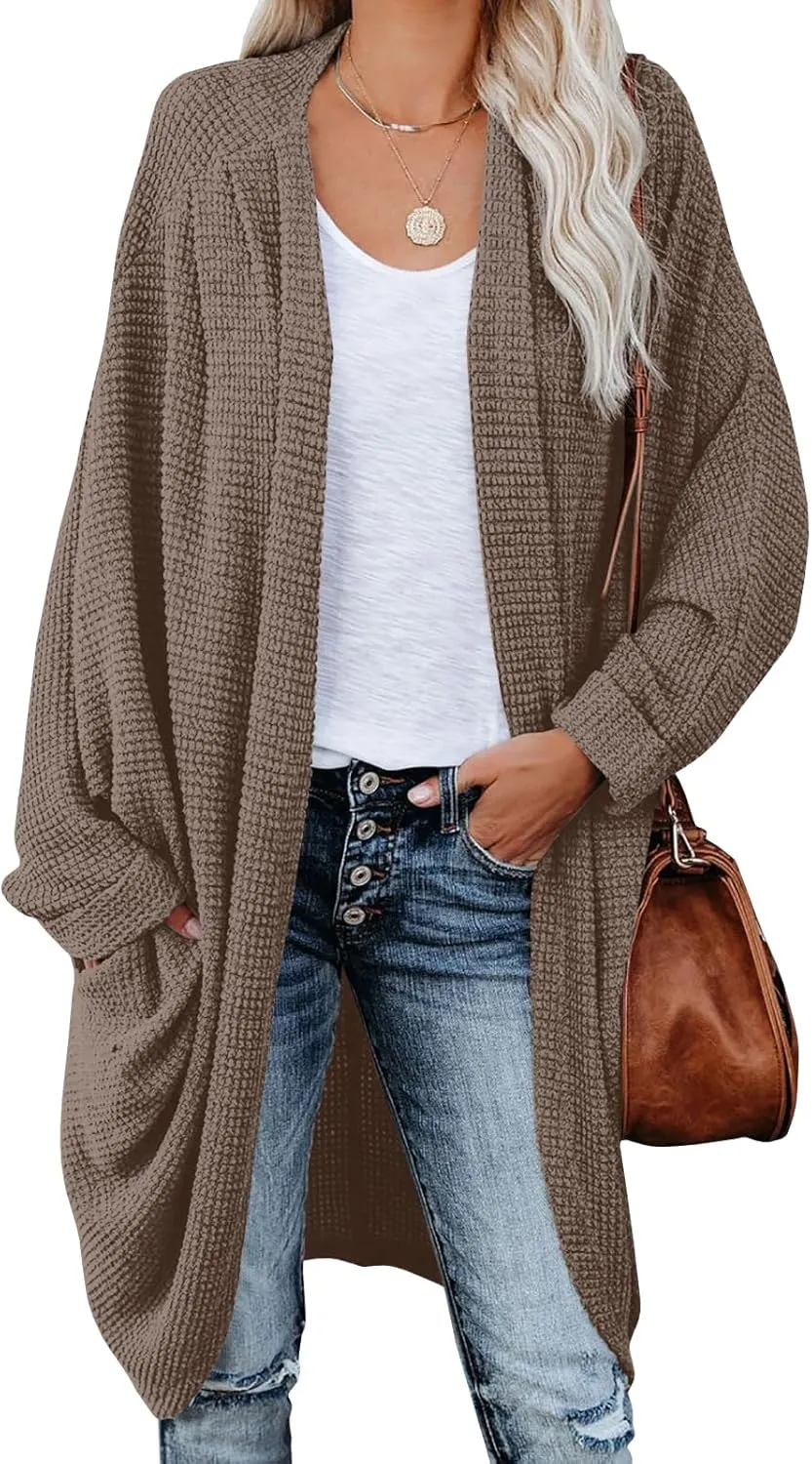 ZoeAce Womens Open Front Knit Cardigan Long Batwing Sleeve Oversized Sweater Chunky Waffle Cable Boho Pockets Coat