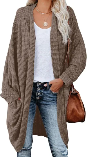 ZoeAce Womens Open Front Knit Cardigan Long Batwing Sleeve Oversized Sweater Chunky Waffle Cable Boho Pockets Coat