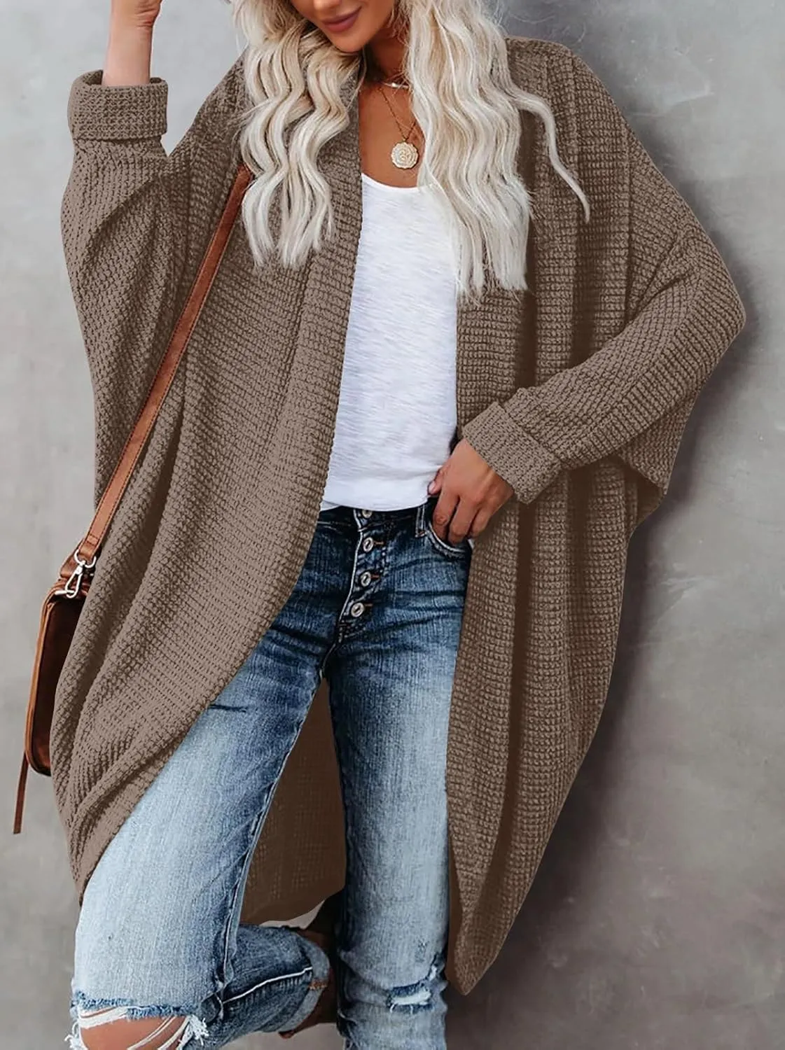 ZoeAce Womens Open Front Knit Cardigan Long Batwing Sleeve Oversized Sweater Chunky Waffle Cable Boho Pockets Coat
