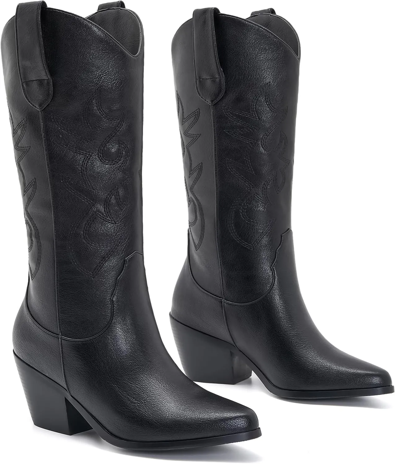 ZXHYZLZ Western Cowboy Boots for Women - Mid Calf Embroidered Cowgirl Boots, Slip On Pointed Toe Chunky Heel Fashion Retro Classic Boots